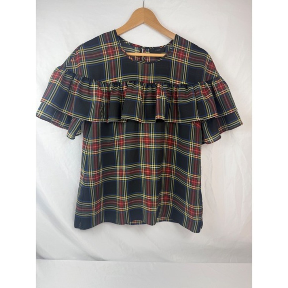 J.Crew Size 4 Plaid Ruffle Sleeve Blouse Tartan Holiday Top #mc
